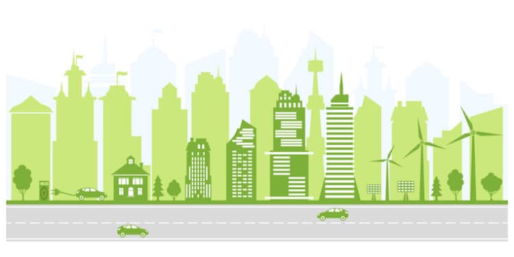 Ecological city and environment conservation. Green city silhouette with trees, wind energy and solar panels. Electric vehicles and charging station. Vector illustration.